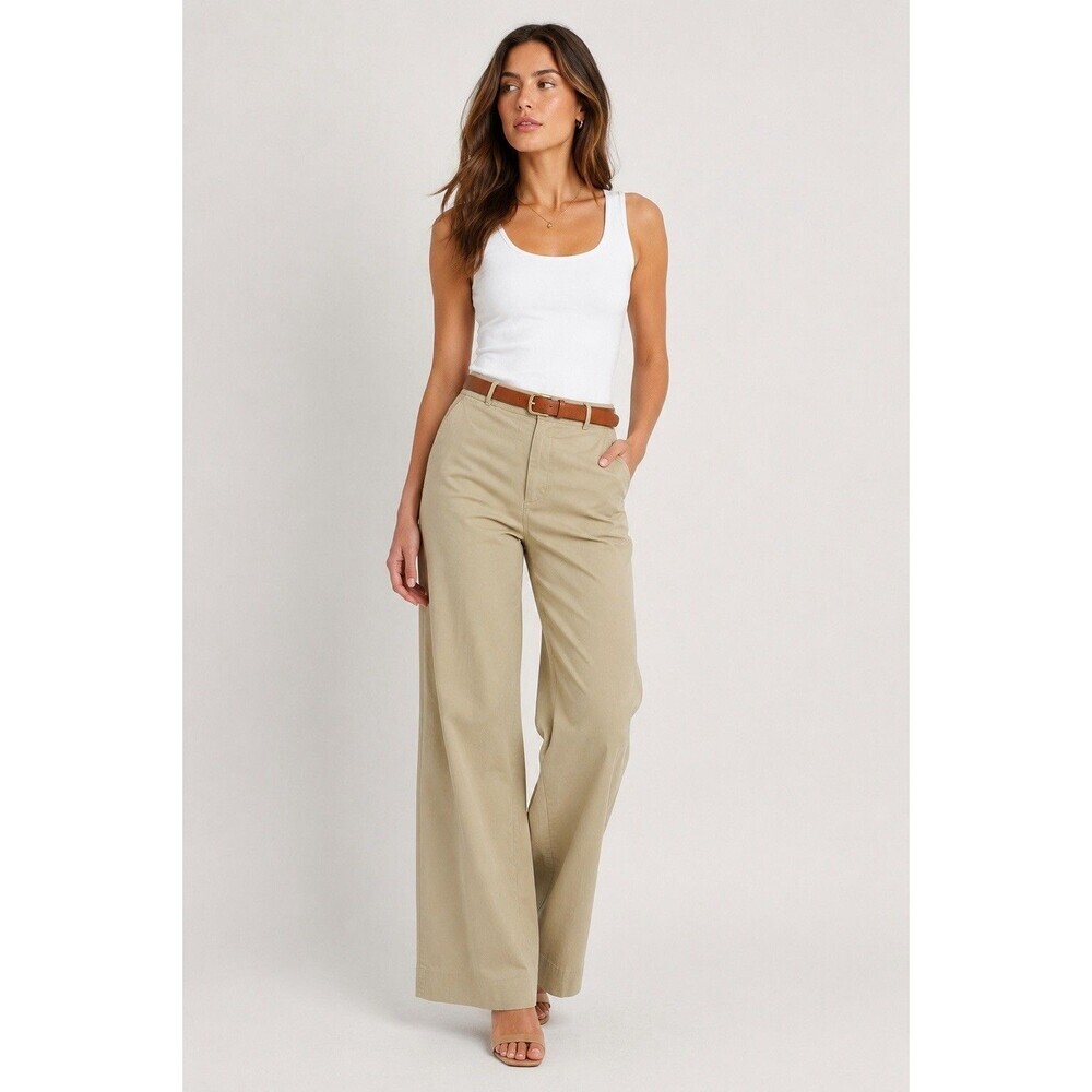 DKNY Khaki Wide Leg Pants Women Size 10 Beige Stretch Cotton Trouser Career